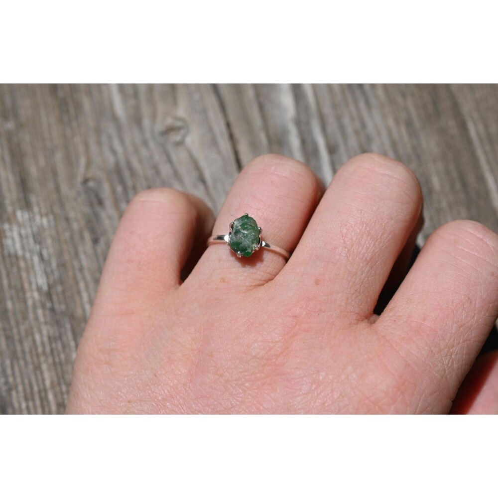 Raw Green Emerald Ring in Sterling Silver May Birthstone Rough Crystal Statement